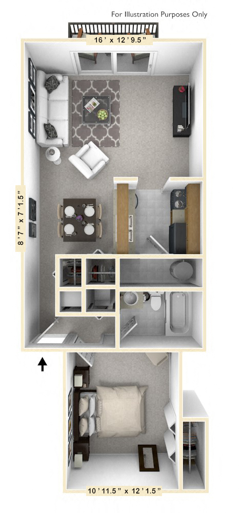 Floor plan for 1 bed, 1 bath, 645 sqft